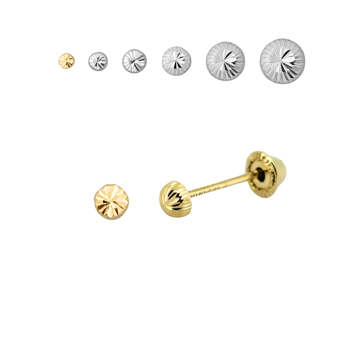 Aretes Oro 10K Broquel Hongo Diamantado Tamaño a Elegir de 2.5 a 7 mm