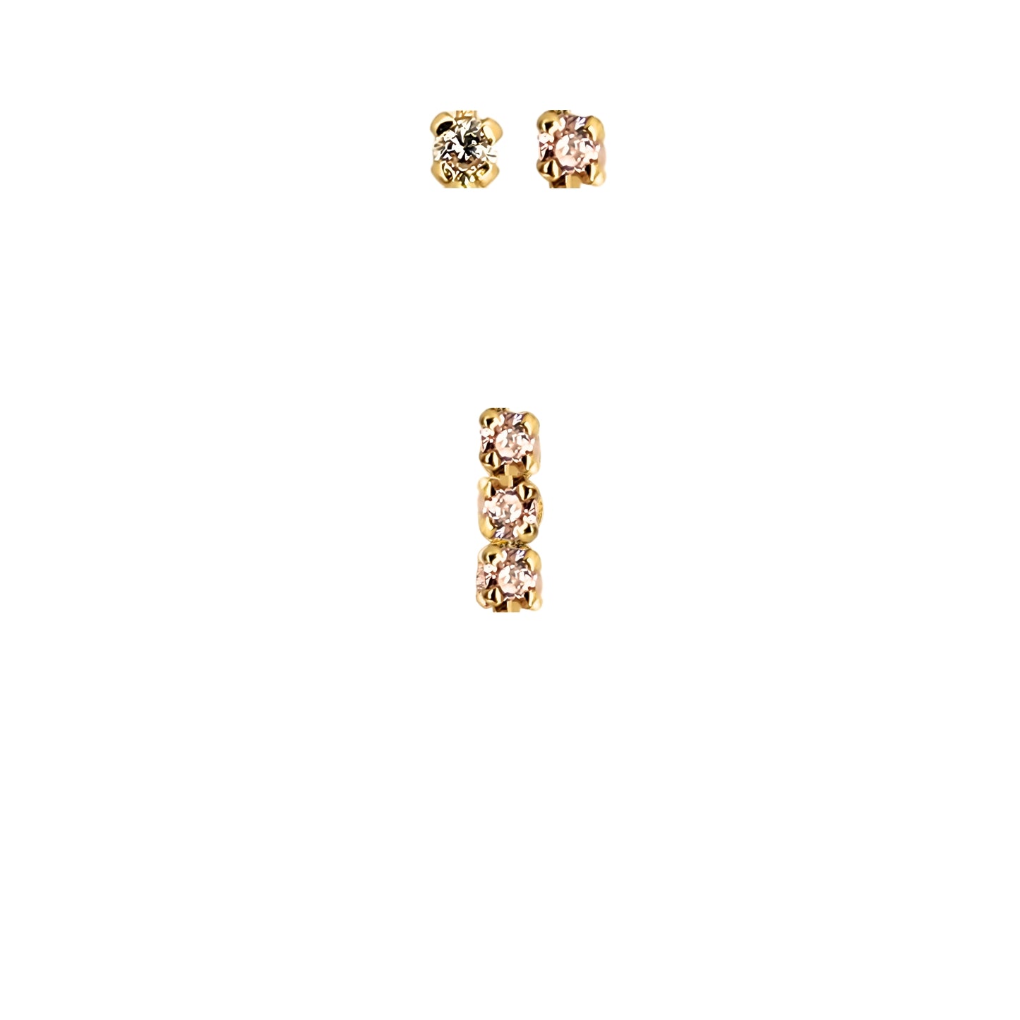 Aretes Oro 10K Broquel Palito 3 Piedras Color a Elegir