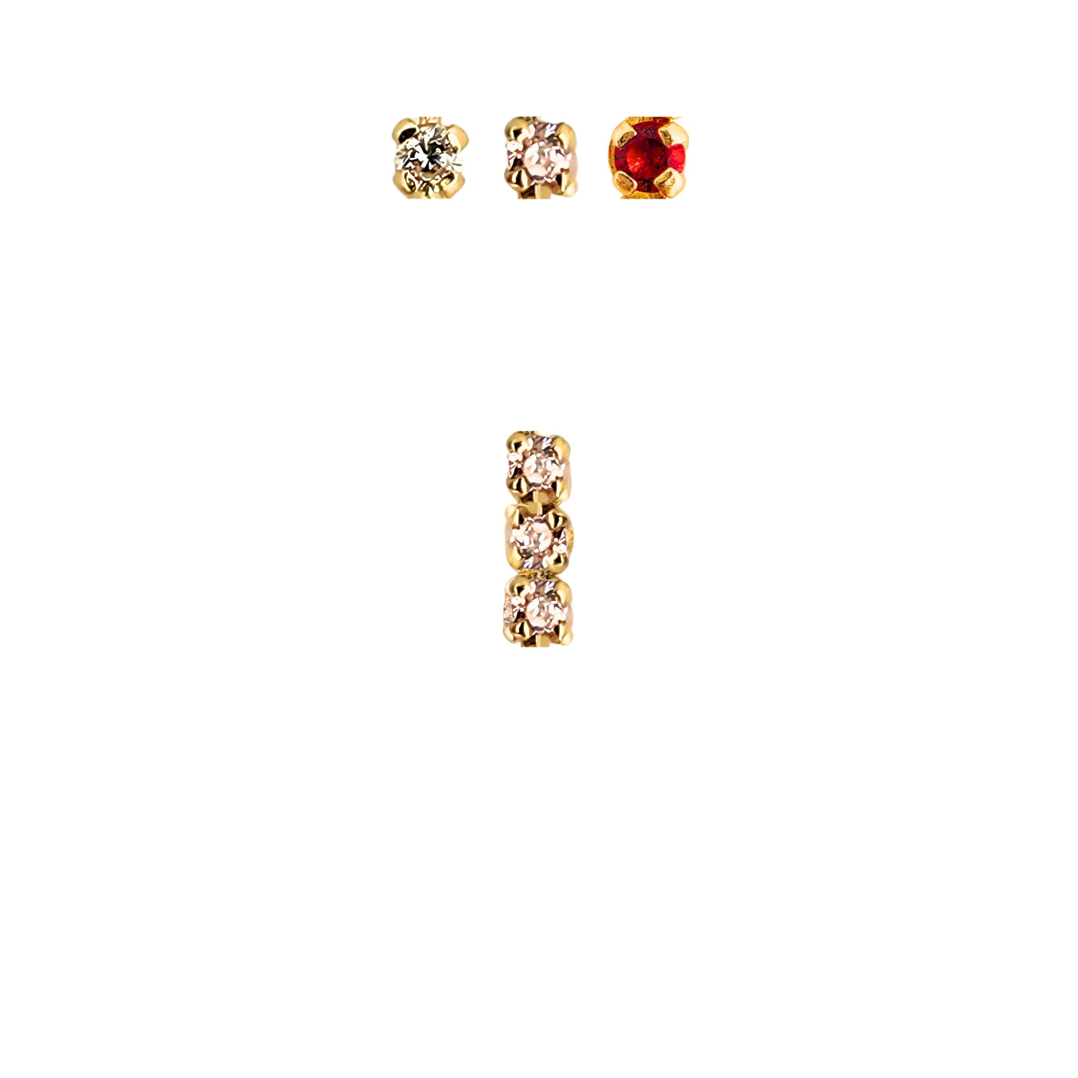 Aretes Oro 10K Broquel Palito 3 Piedras Color a Elegir