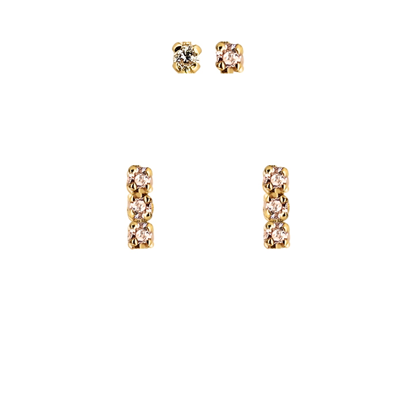 Aretes Oro 10K Broquel Palito 3 Piedras Color a Elegir