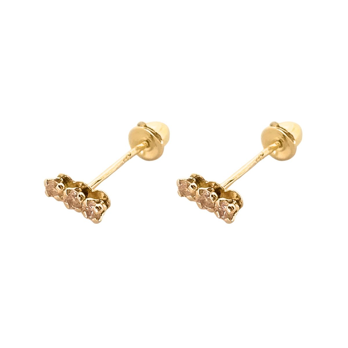 Aretes Oro 10K Broquel Palito 3 Piedras Color a Elegir