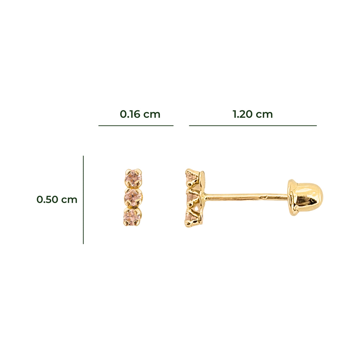 Aretes Oro 10K Broquel Palito 3 Piedras Color a Elegir