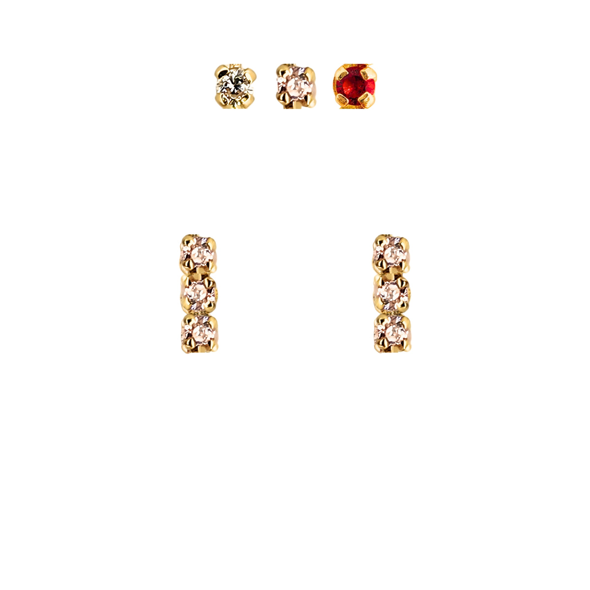 Aretes Oro 10K Broquel Palito 3 Piedras Color a Elegir