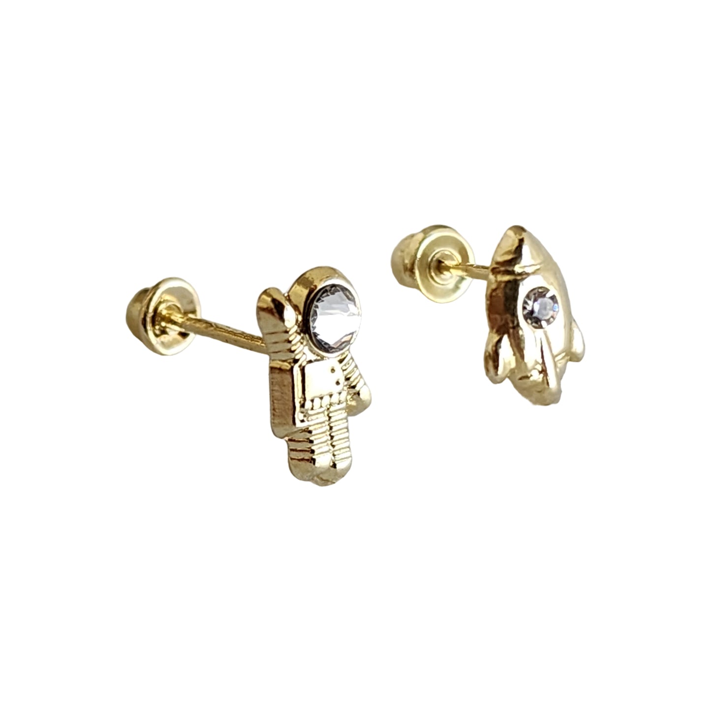 Aretes Astronauta y Cohete Zirconia, Oro 10K Tipo Broquel