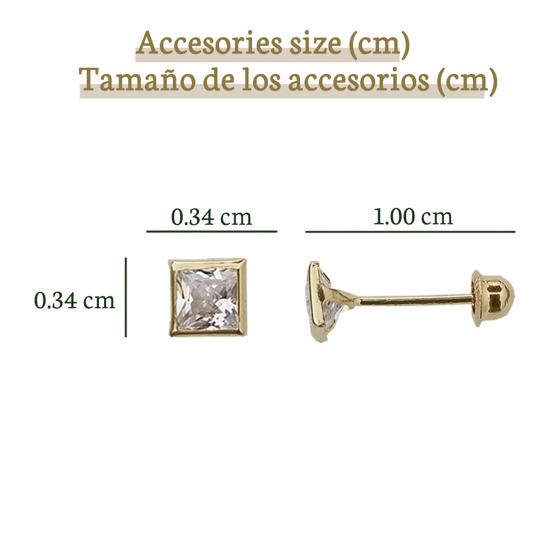 Broquel Zirconia Cuadrada con Bisel, Oro 10k (Par de Aretes)