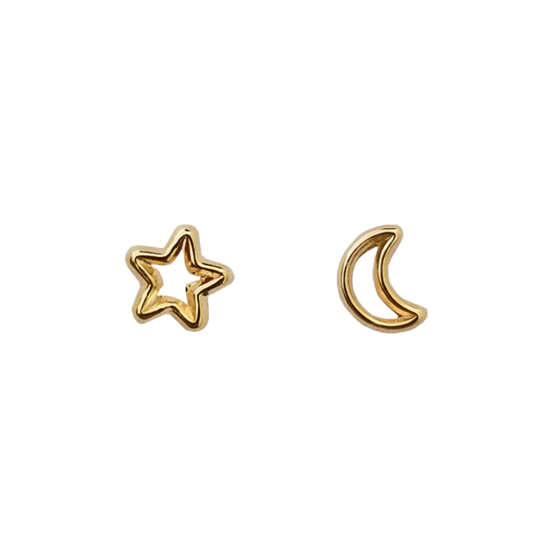 Broquel Luna y Estrella Silueta, Oro 10k (Par de Aretes)