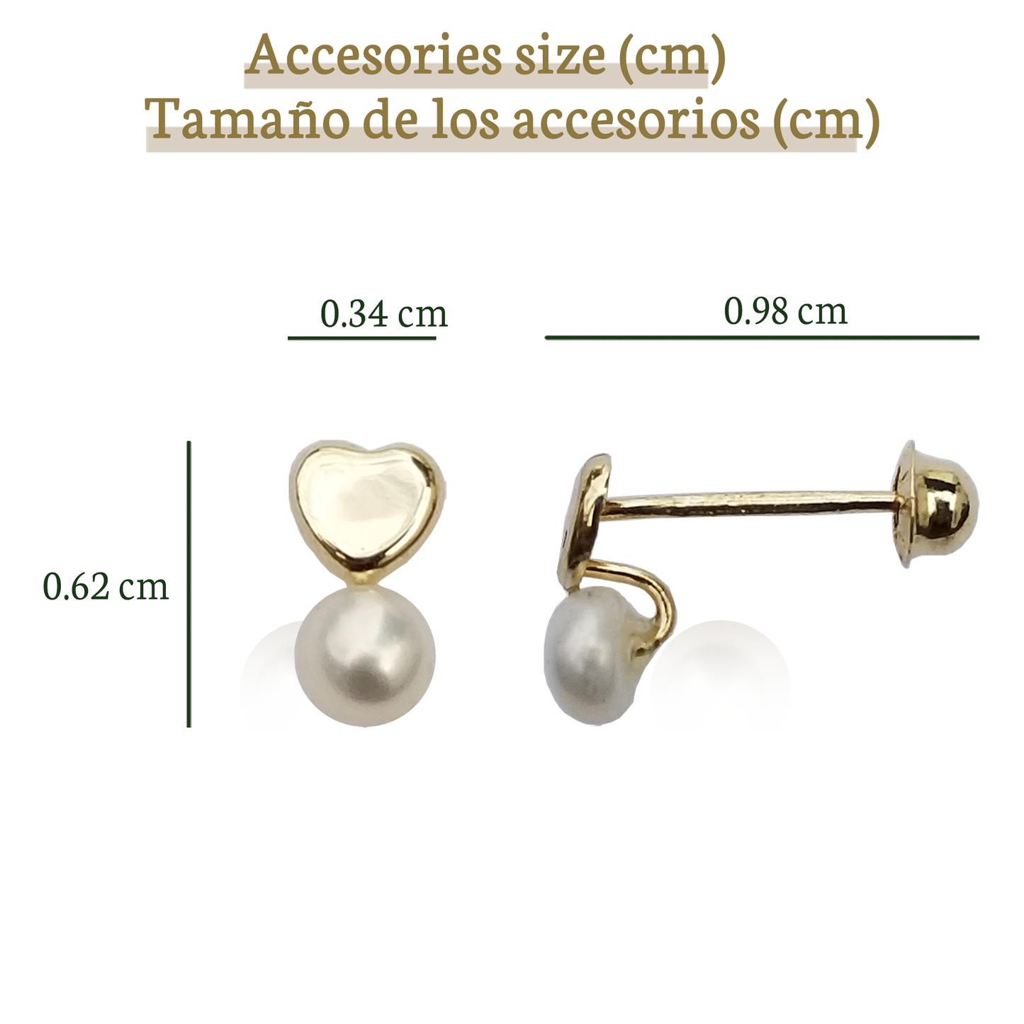 Aretes Corazón y Perla, Oro 10K, Broquel (Par de aretes)