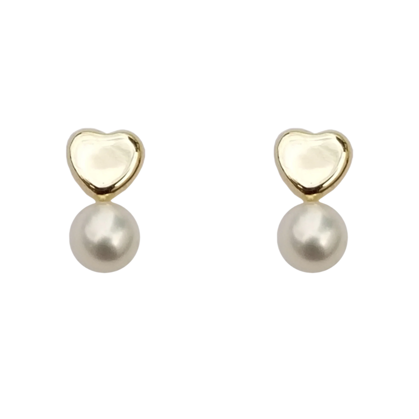 Aretes Corazón y Perla, Oro 10K, Broquel (Par de aretes)