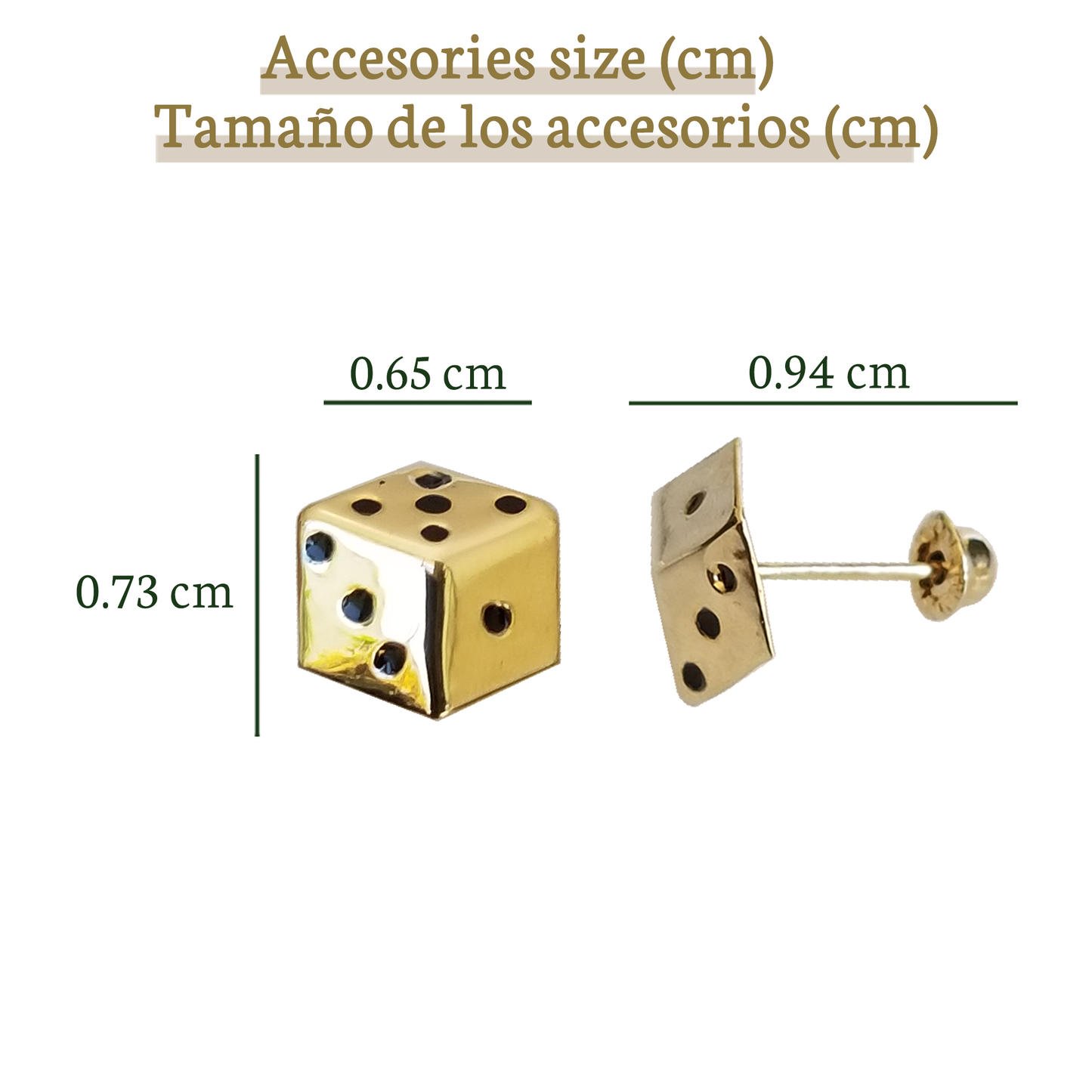 Aretes Dados, Las Vegas Casino, Suerte Oro 10K, Tipo Broquel