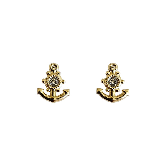 Aretes Ancla con Zirconia, Oro 10k Tipo Broquel