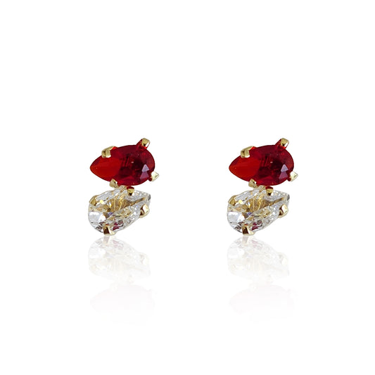 Aretes Zirconias Gota Con Rojo Oro 10k, Tipo Broquel